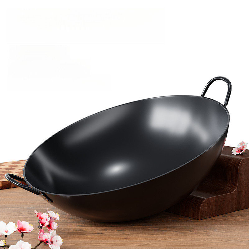 เหล็กคาร์บอนมาตรฐาน 32 ซม.-70 ซม. สไตล์จีนรอบด้านล่าง Non-Stick Pan Fast Heat Conduction,ข้นกระทะไม่เคลือบ 2 ห่วงจับเหมาะสําหรับห้องครัว