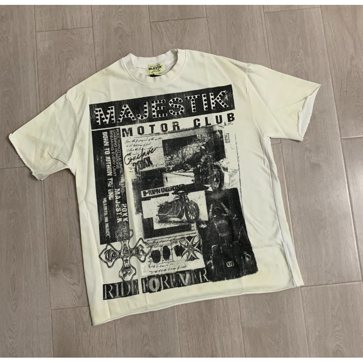 High Street Style Retro Motorcycle พิมพ์เสื้อยืด Distressed Washed Frayed High Street แขนสั้น