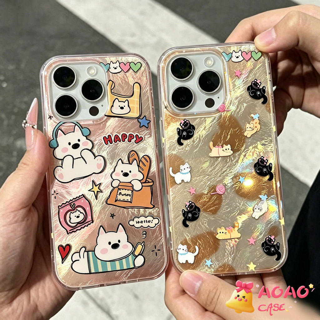 เคสสุนัขและแมวการ์ตูน วัสดุ IMD หนา ลายน้ำแข็ง สำหรับ iPhone 16 11 13 Pro 15 14 12 Pro Max XR 7 8 Plus 16Plus X XS Max