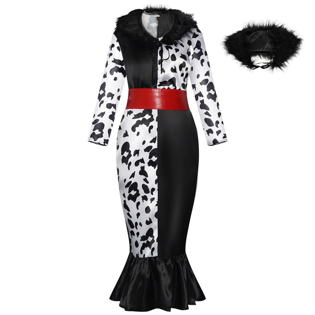 101 Dalmatians cosplay costume Halloween black and white witch Cruella fur collar dress cosplay role