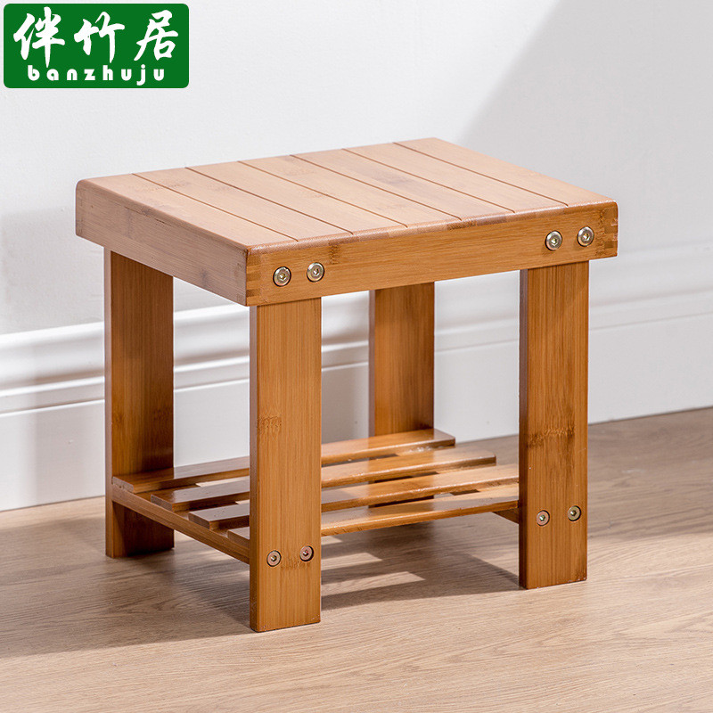 Small wooden stool, rustic creative bamboo stool, children's shoe changing stool, square stool, foot
