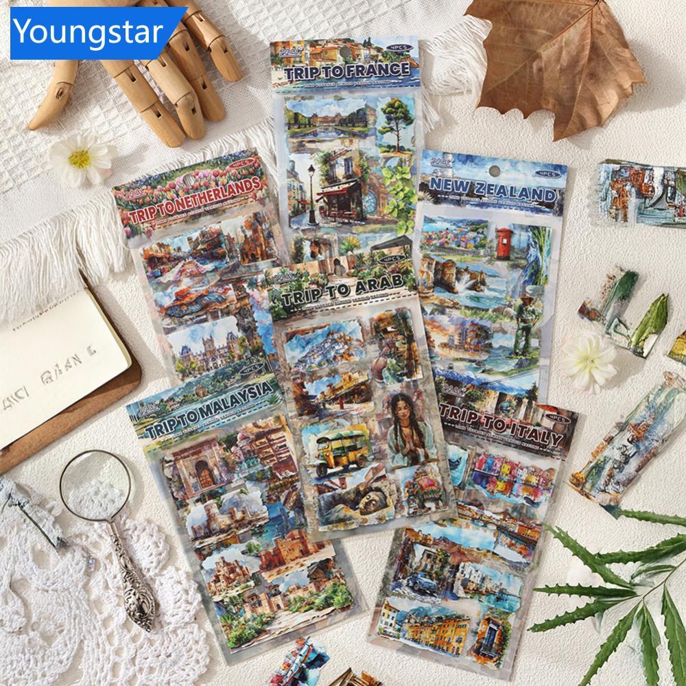 FYY 4 ชิ้นขนาดใหญ่ Nations Series Vintage World Travel PET สติกเกอร์ภูมิทัศน์ตัวอักษร Junk Journal P