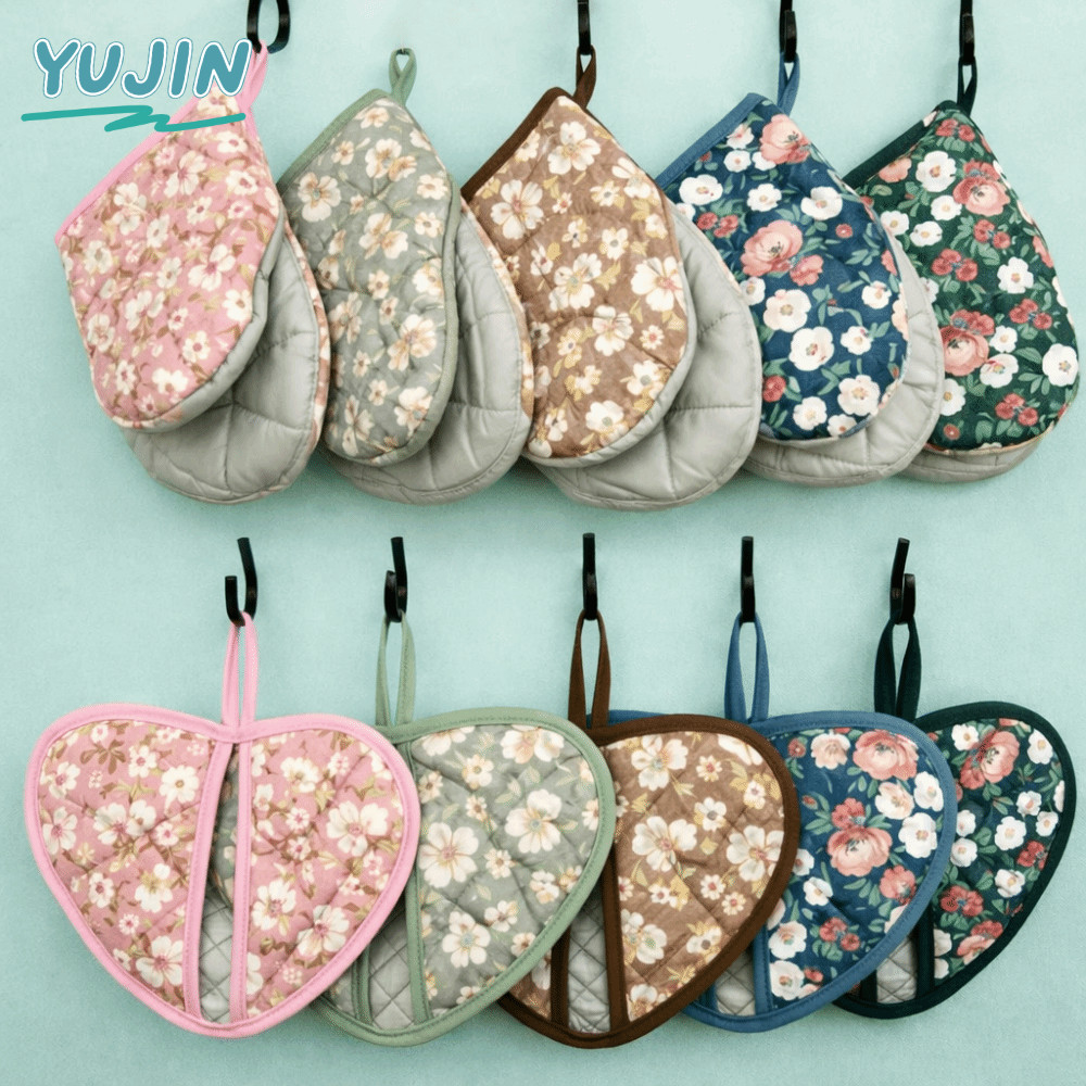 YUJIN 1PC Bakeware เตาอบ Mitts, ดอกไม้ทนร้อนพิมพ์ห้องครัวแผ่นฉนวนกันความร้อน, คลิปมือรูปหัวใจผ้าฝ้ายถุงมือเตาอบอบ
