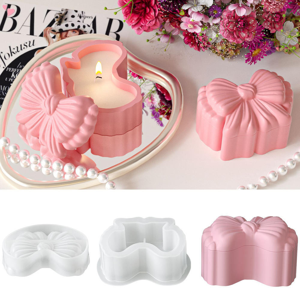 3D ริบบิ้น Bowknot กล่องเก็บแม่พิมพ์ซิลิโคนพร้อมฝาปิดเครื่องประดับน่ารัก Trinket กล่องเทียน Jar ปูนปลาสเตอร์เรซิ่นหล่อแม่พิมพ์ DIY Decor
