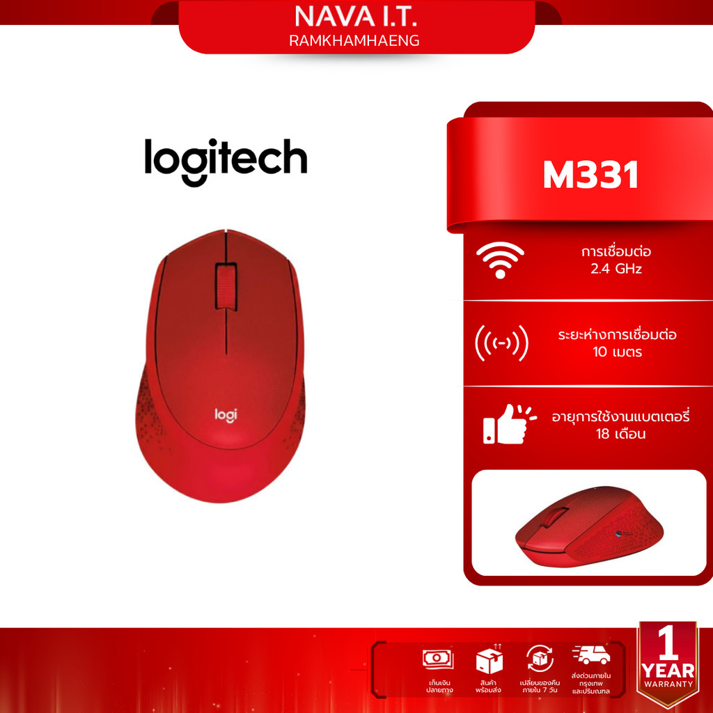 LOGITECH M331 เม้าส์ไร้สายไร้เสียง RED WIRELESS SILENT PLUS CORDLESS MOUSE (แพคเกจใหม่)