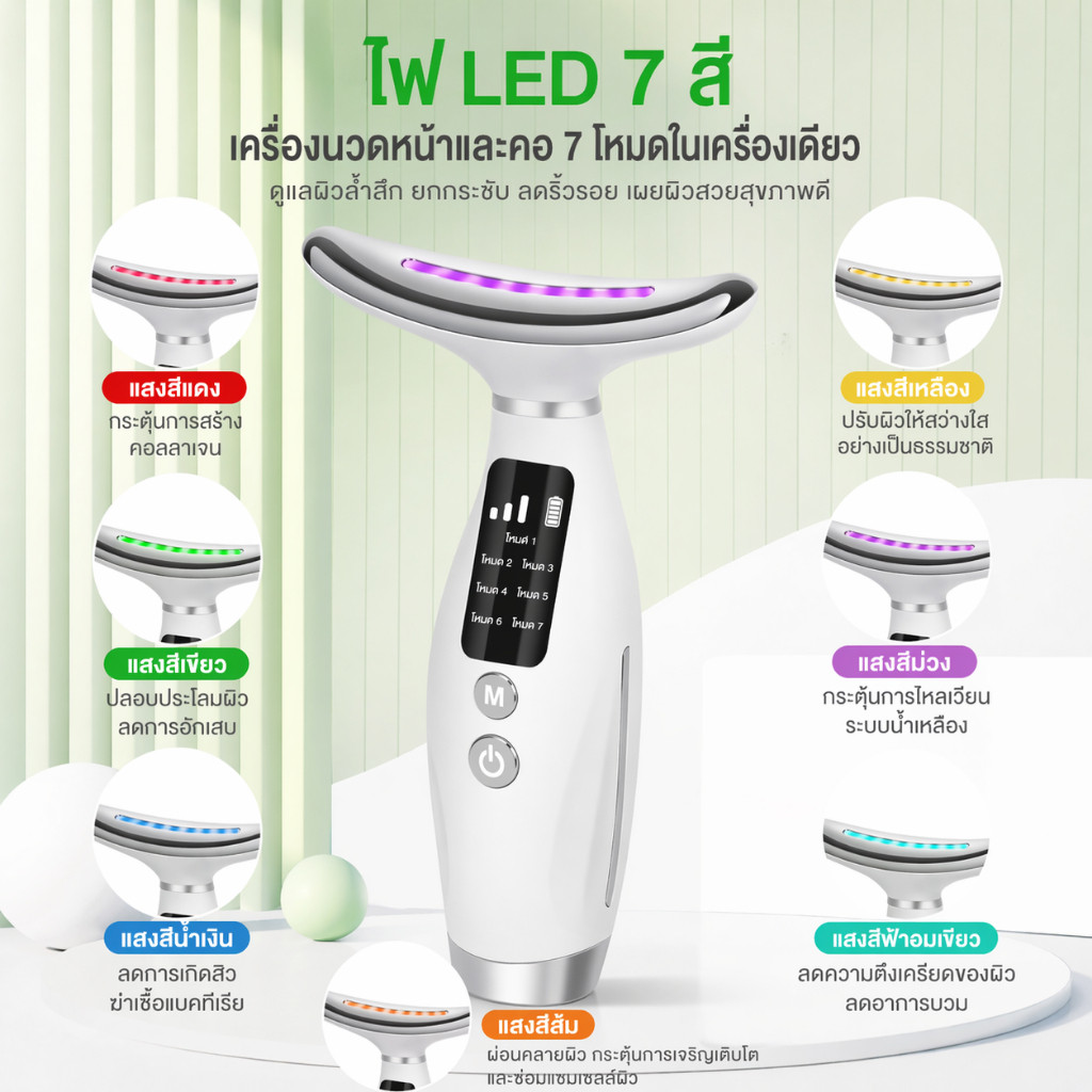 เครื่องนวดคอและหน้า LED ดีไซน์โค้งรับผิว ลดความหย่อนคล้อย กระตุ้นคอลลาเจน ปรับโหมดได้ ใช้งานง่าย พกพ