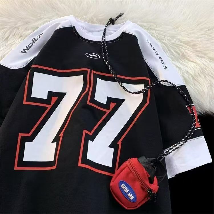 American 77 Ice Hockey Football Jersey เสื้อยืดกางเกงขาสั้นผู้ชาย,อินเทรนด์บาสเกตบอลเบสบอลเสื้อแขนสั