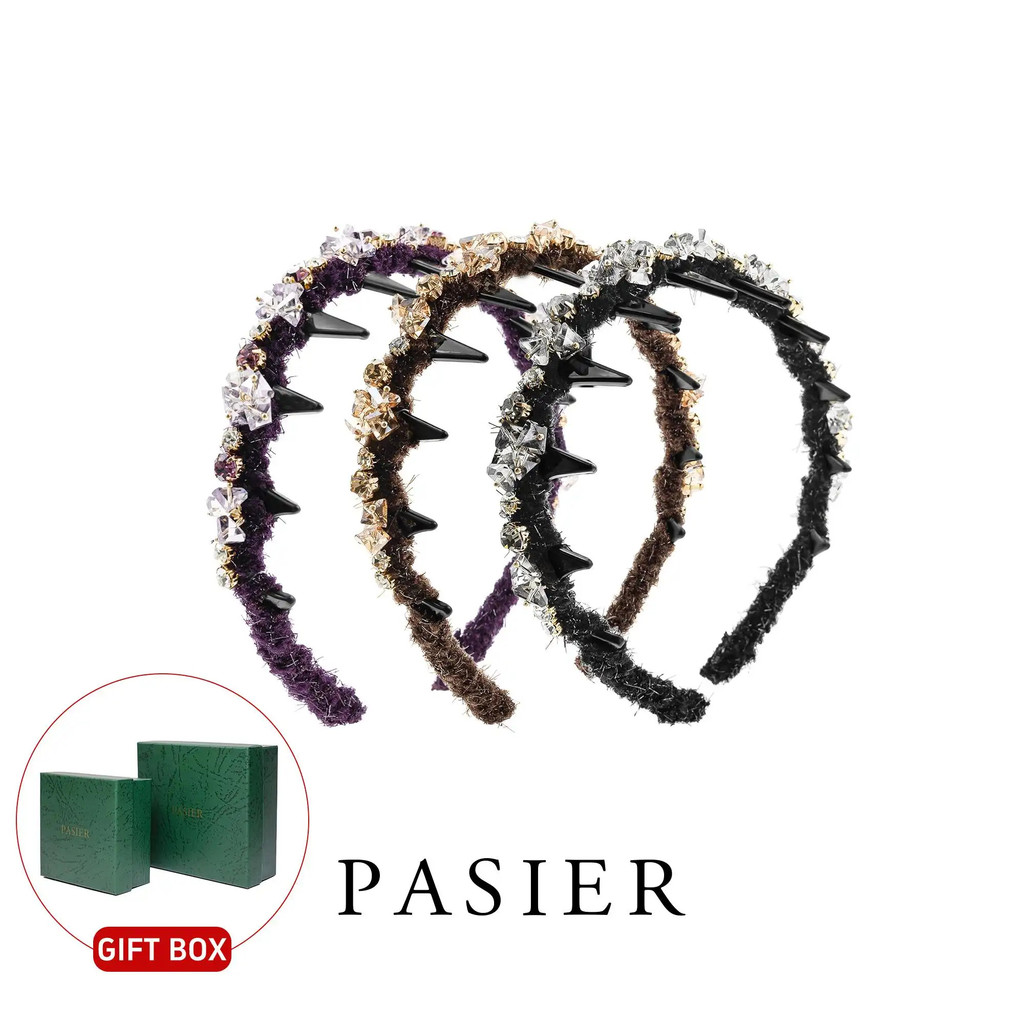 PASIER ที่คาดผมถักประดับคริสตัล ดีไซน์ยางยืดสีดำหรูหรา กล่องของขวัญ FB2828