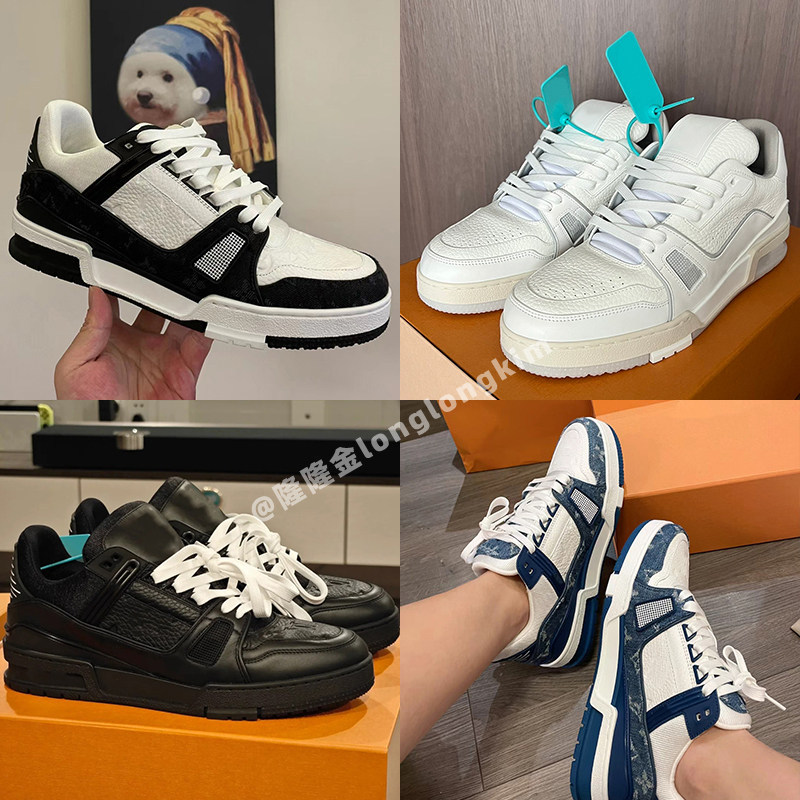 เทรนเนอร์ ของแท้ เหมาะสําหรับ lv Shoelaces trainer ผู้ชายผู้หญิงรองเท้าผ้าใบ Denim Blue White Panda 