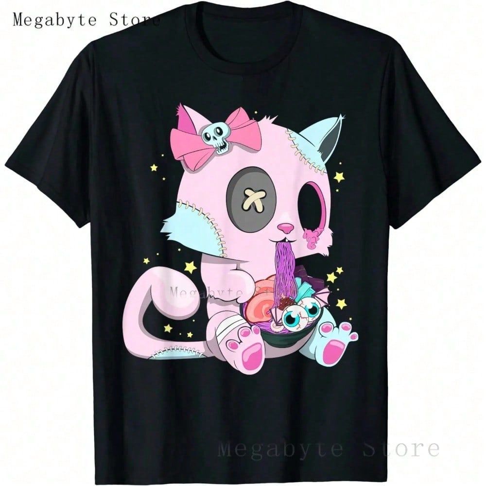 Pastel Goth T Shirt Men Women Kawaii Cartoon Gothic Cat Clothes Harajuku Shirt Unisex Graphic Tees F