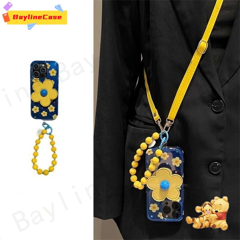 ขายร้อน Ins 3D สีเหลืองหน้ายิ้มดอกไม้ + ขาตั้งดอกไม้ + โซ่ลูกปัด + เชือกยาวเคสโทรศัพท์ใช้งานร่วมกับ iPhone 17 16 15 14 13 12 11 Pro Max X Xr Xs Max 8 7 6 Plus Cover