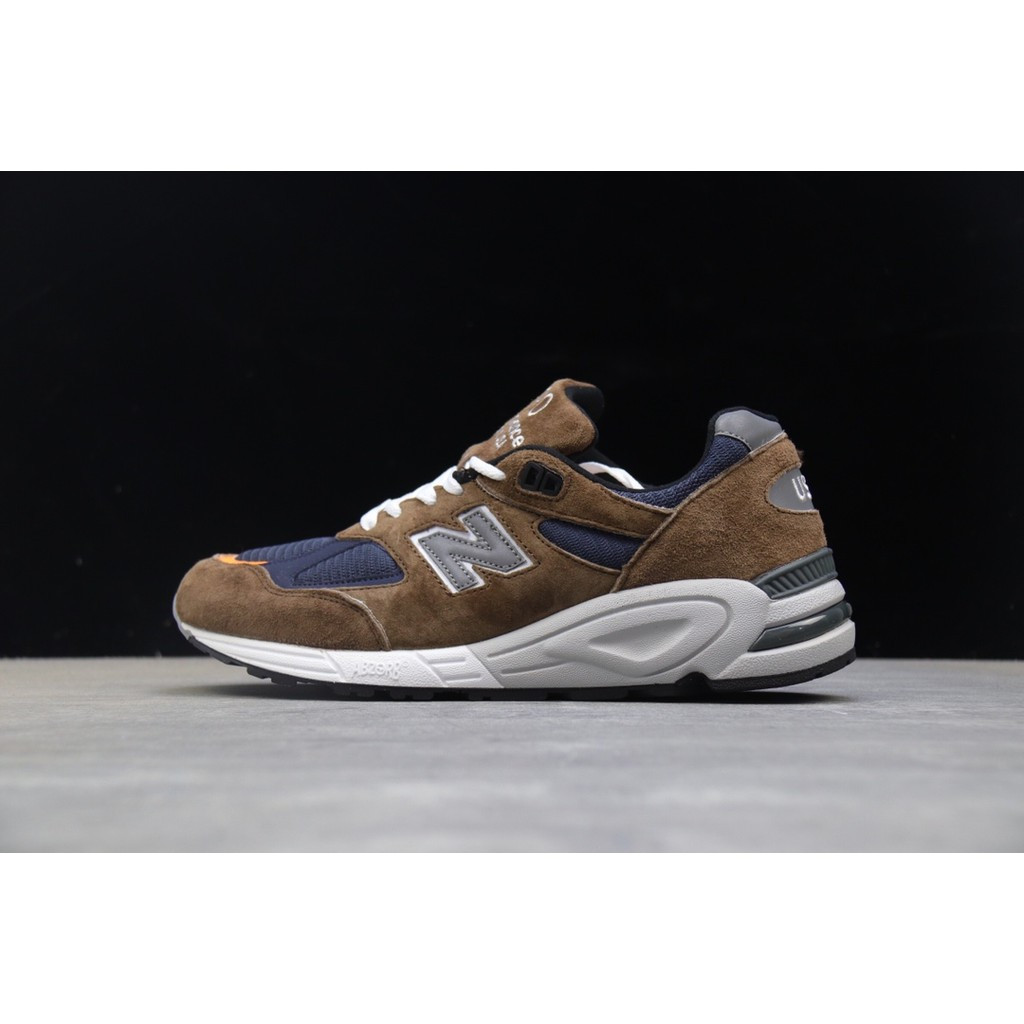 New Balance 990v2 Premium Series Classic Retro Casual Sports Jogging Shoes < Coffee Green Dark Blue 