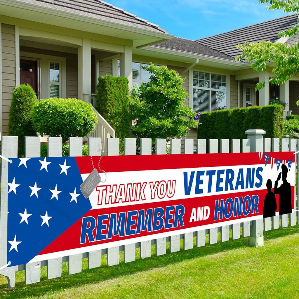Uflashmi ขอบคุณ Veterans แบนเนอร์, Veterans Day Banner Yard Sign สําหรับสวนสนามหญ้าตกแต่ง, 9.8X1.6 F