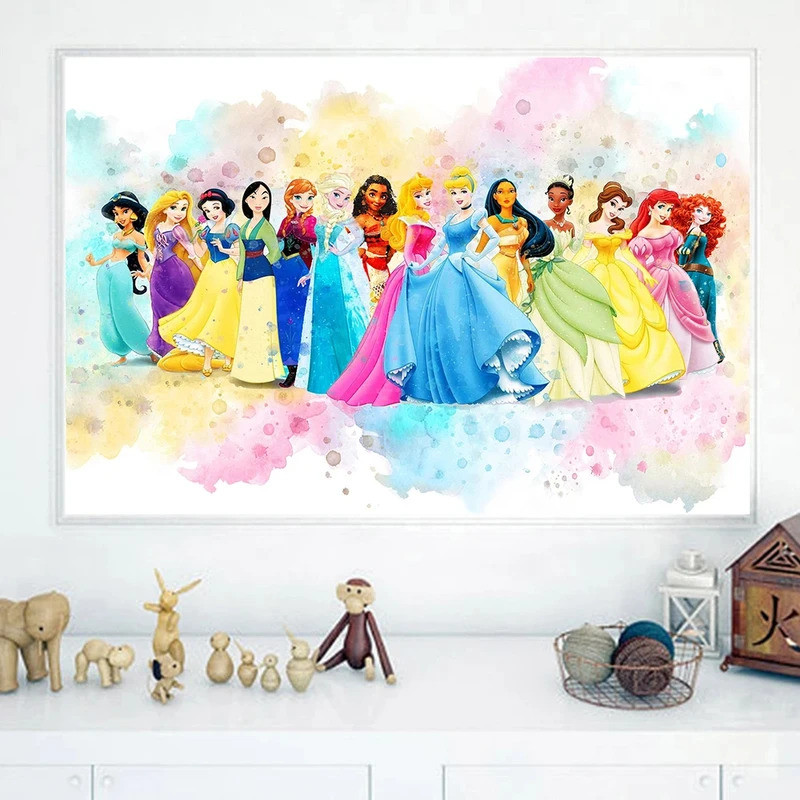 Disney Princess Room การ์ตูน Wall Art Decor Princesses โปสเตอร์พิมพ์ผ้าใบภาพห้องนอนสาวเนอสเซอรี่ตกแต่งบ้าน