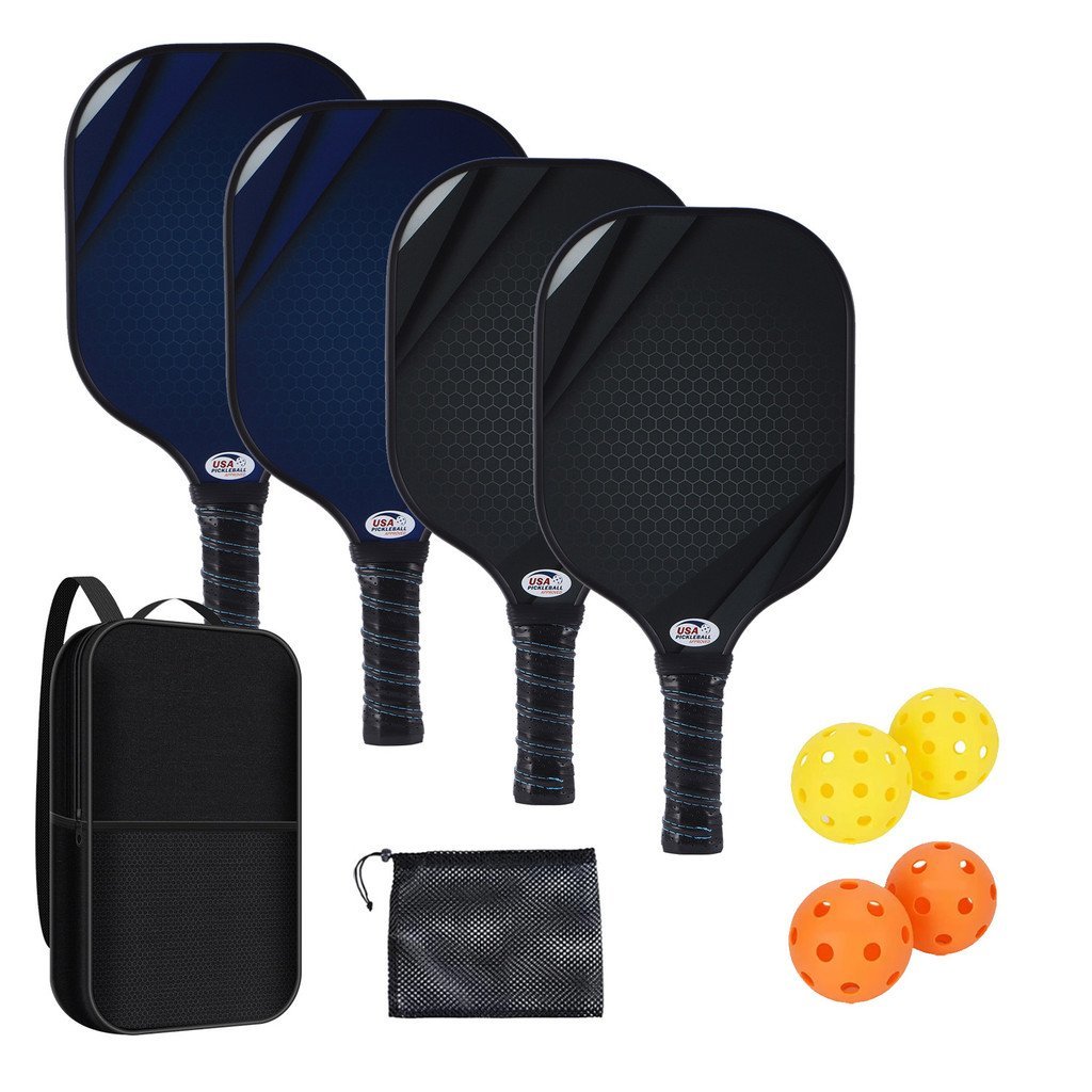ชุดแร็กเก็ต PICKLEBALL 4 PCS ทำจากคาร์บอนไฟเบอร์ เหมาะสำหรับเกมกลางแจ้งและPADEL