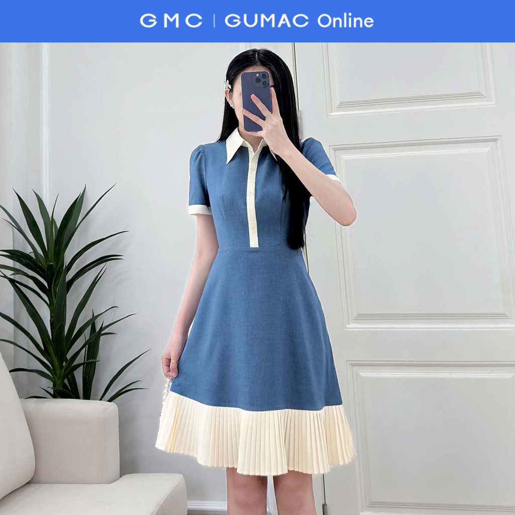 ชุดเดรสผู้หญิงคอปกกพร้อมเสื้ออัดพลีทสีเบจครีมและผ้ารัดแฟชั่น กumac LDF0616