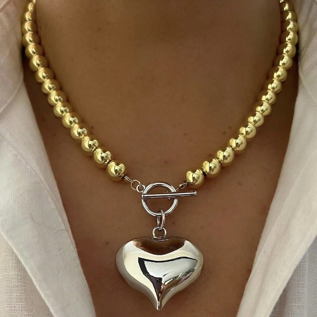 Y2k สแตนเลสจี้หัวใจลูกปัด OT Clasp สร้อยคอสําหรับผู้หญิงผู้ชายใหม่ Love Charm Choker สร้อยคอเครื่องป