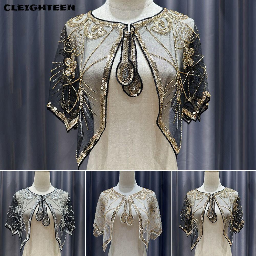 CLEIGHTEEN Beaded Cape, Sequin Cape Handmade Flapper Shawl, Fashion 1920s With Dress Short Cape