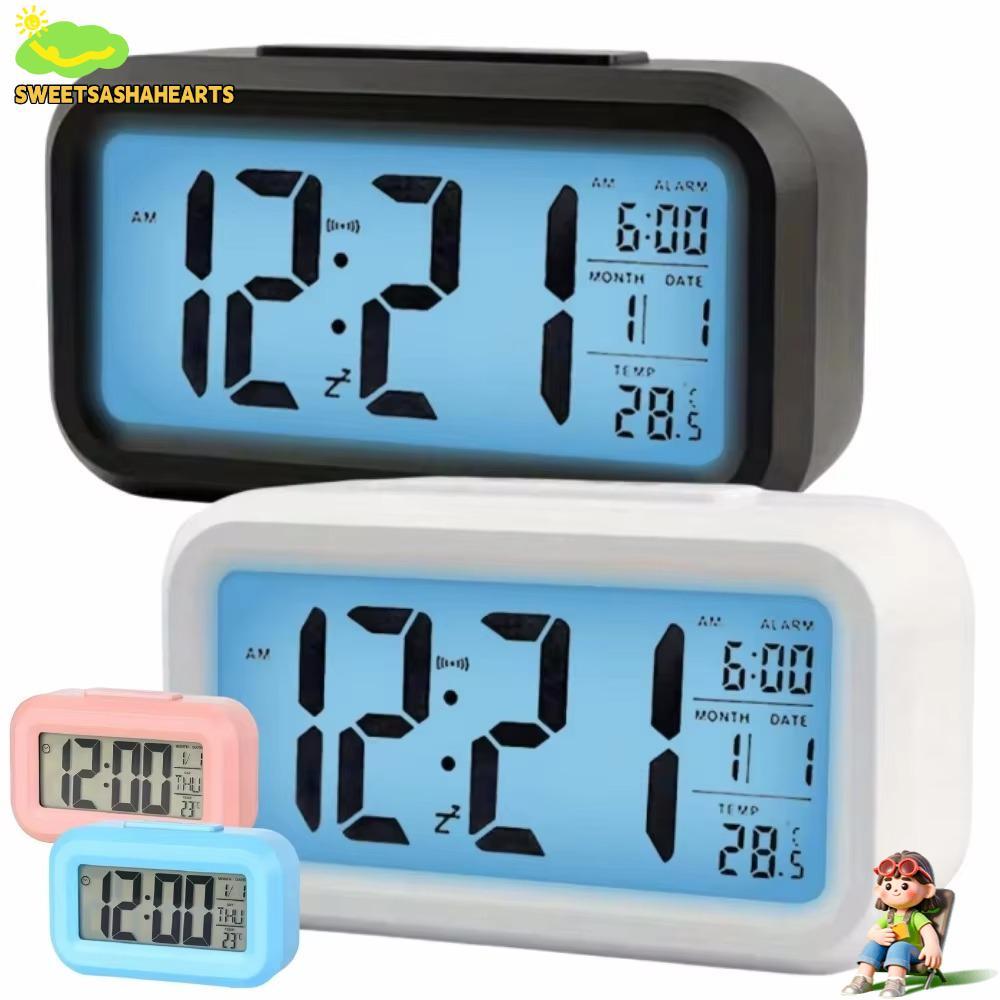 SWEE นาฬิกาปลุกดิจิตอล,จอแสดงผล LCD แสดงอุณหภูมินาฬิกาดิจิตอล LED,ปฏิทินแบบพกพาไฟ LED แบตเตอรี่ดําเนินการนาฬิกาปลุกเดสก์ท็อปตกแต่งบ้าน