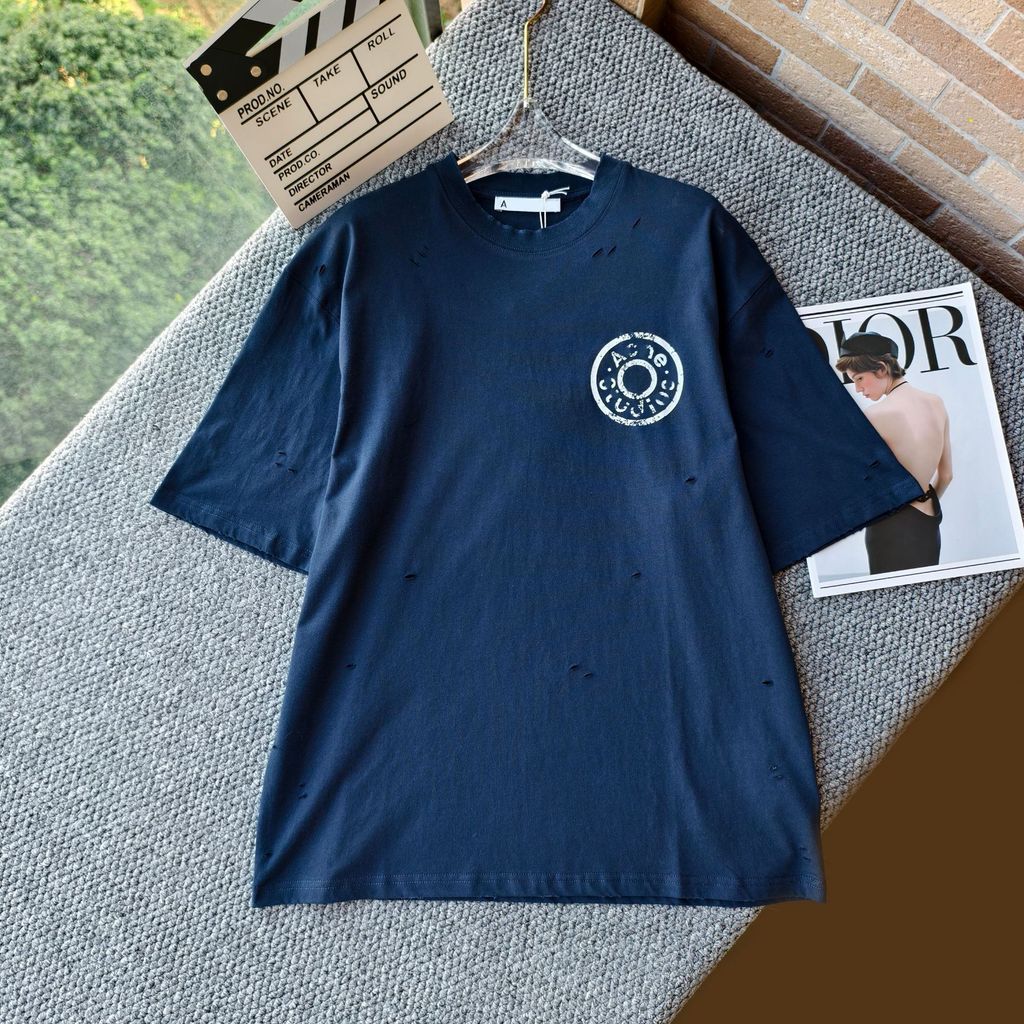 EP0R AC New Retro Fashion Letter Print Distressed Washed Vintage Round Neck Loose Short Sleeve