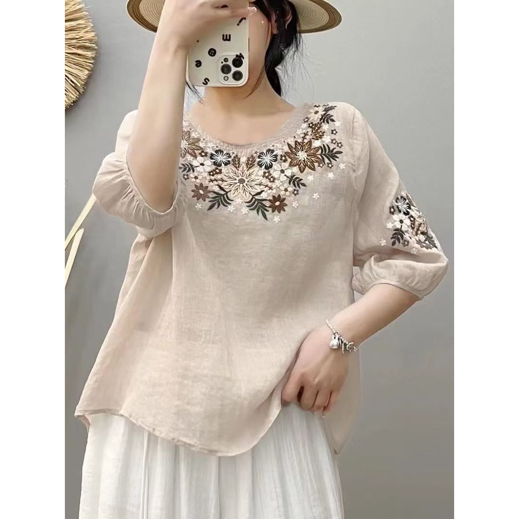 ใหม่สไตล์จีนอุตสาหกรรมหนักเย็บปักถักร้อยHigh-End RamieสามQuarterแขนเสื้อผู้หญิงฤดูร้อนหลวมSlimmerดูผ