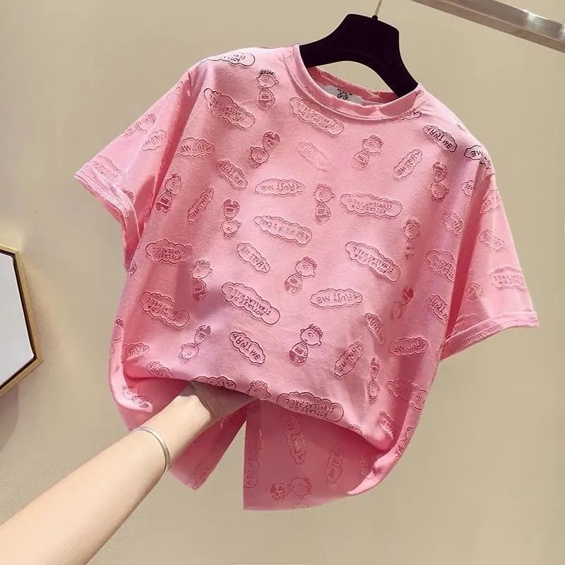 บรรจุผ้าฝ้ายแขนสั้นเสื้อยืดผู้หญิง 2025 ฤดูร้อนสไตล์ใหม่แฟชั่นเฉพาะ ซอก กลวงรอบคอหลวมครึ่งแขนด้านบน 