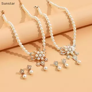 Sunstar 1 ชุดสร้อยคอผู้หญิงลูกปัด Glossy Faux Pearls Rhinestone ฝังดอกไม้สร้อยคอต่างหูสตั๊ดชุด