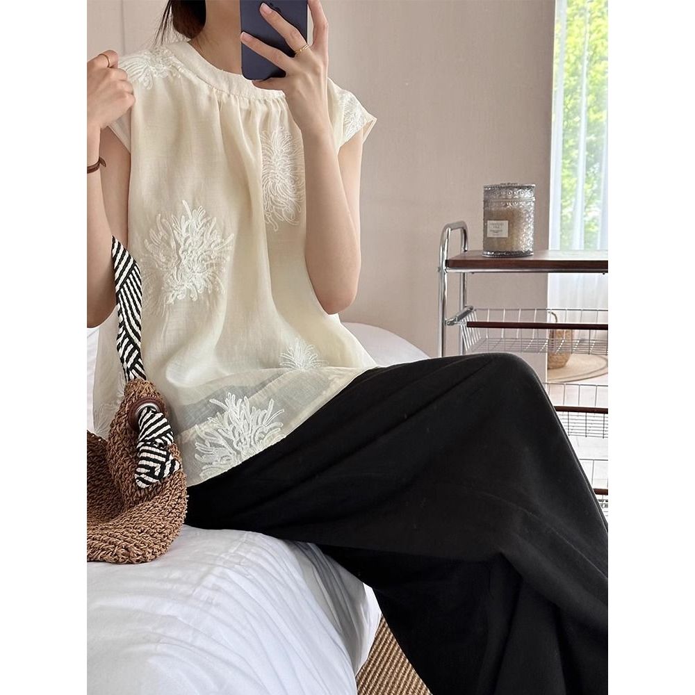 XUJENJI ตรุษจีนรอบคอแขนกุดสไตล์จีนใหม่ปักเสื้อผู้หญิงฤดูร้อน Retro Elegant Slimmer ดูอารมณ์ All-Matc