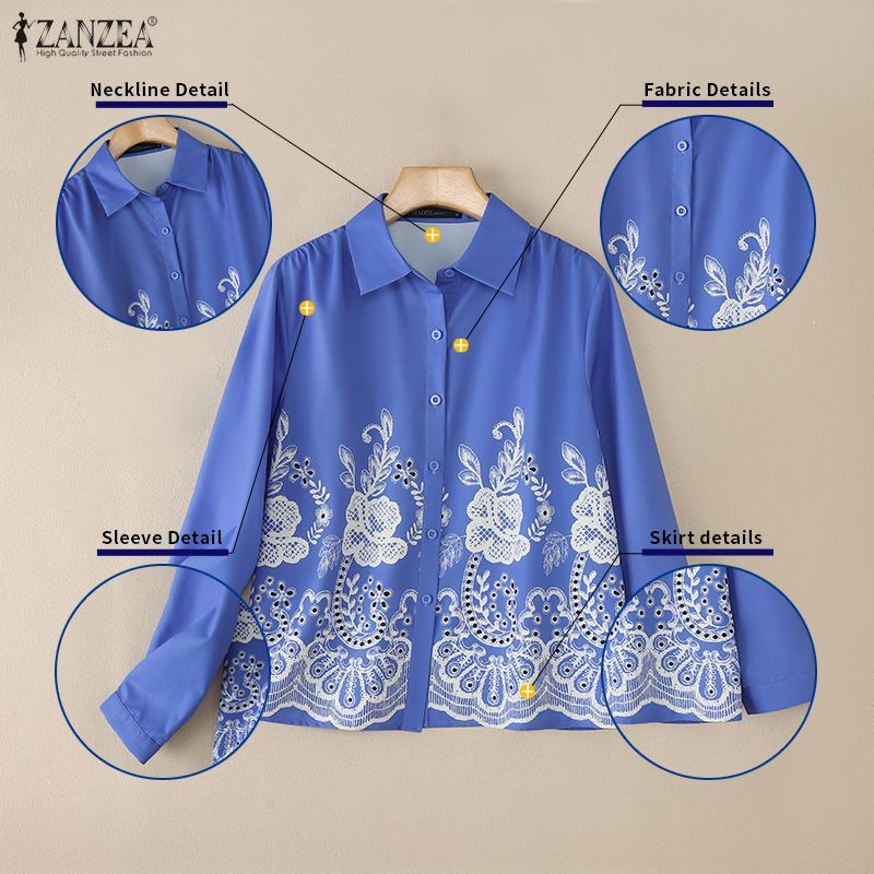 ZANZEA เสื้อแขนยาวพิมพ์ลายสีทึบ สไตล์เกาหลีสำหรับผู้หญิง สวมใส่ง่ายในวันสบายๆ — صورة 7