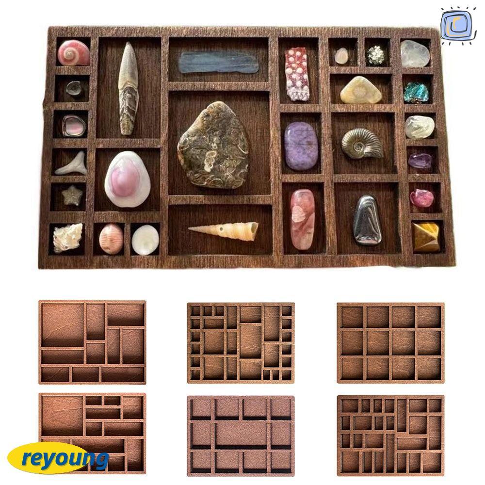 REYOUNG Mini Jewelry Holder, Compartments Variety Grids Miniature Trinket Shelf, Brown Goods Display