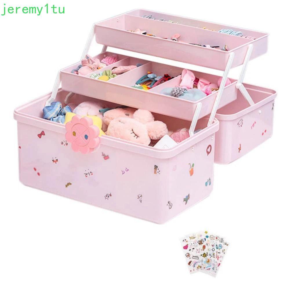 JEREMY กล่องเก็บของ 3 ชั้น, ที่เก็บอุปกรณ์ผมสีชมพูอเนกประสงค์, แฟชั่นล็อคได้คอนเทนเนอร์แบบพกพาหลายชั้นสาวกล่องเครื่องประดับแต่งหน้า