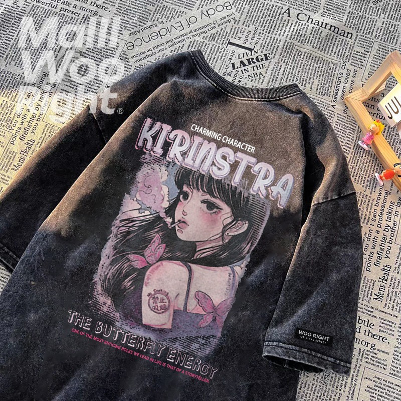（จัดส่งตลอด 24 ชั่วโมง）Woo Right เสื้อยืดฟอก oversize ผ้าฝ้าย 100% โอเวอร์ไซซ์ สีดําเข้ม สไตล์ฮิปฮอป เรโทร HY