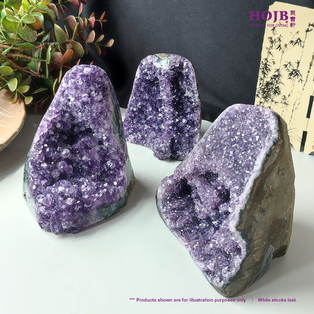 HOJB เกรดยอดนิยม Uruguya Amethyst 6AA แก้วคริสตัล Druze Stone 95-120 มม.สายจุดคริสตัลทุกวัน 6AA 风水财水