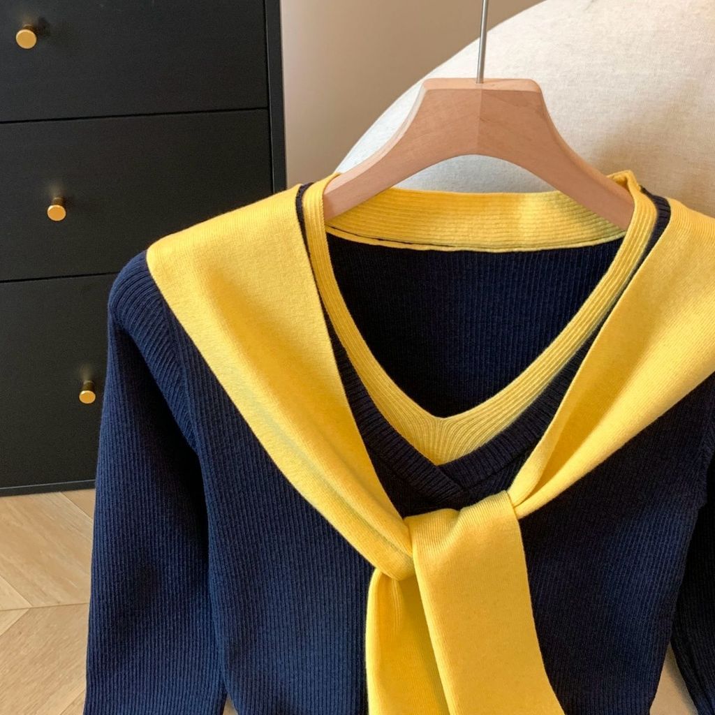 Cod French Navy Collar v คอผ้าคลุมไหล่ถักแขนยาวเสื้อยืดผู้หญิงฤดูใบไม้ร่วงฤดูหนาว Commuter Classy Co