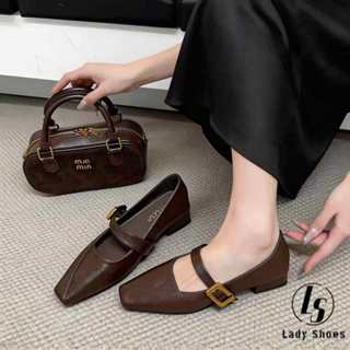 [LS] รองเท้าส้นสูงแมรี่เจนวินเทจ สีน้ำตาล หัวสี่เหลี่ยม ส้นต…