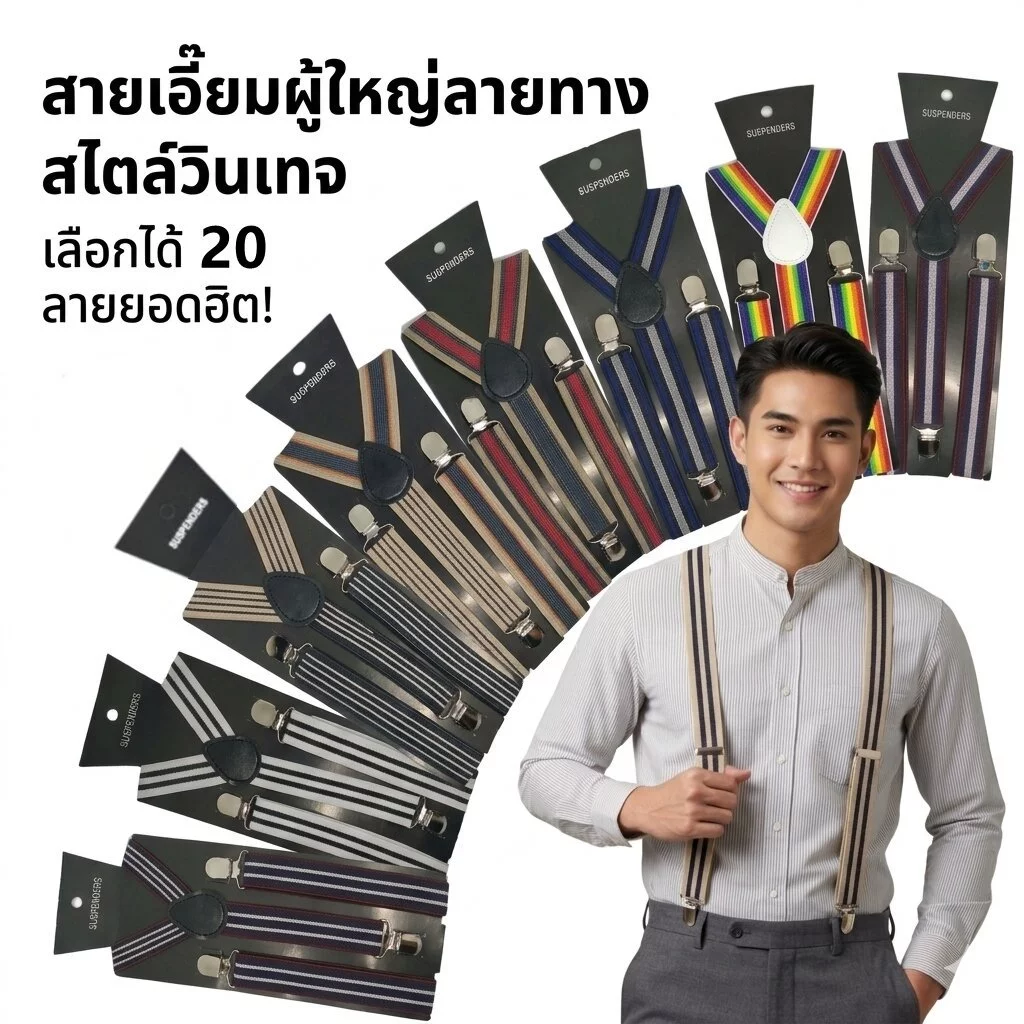 (สินค้าพร้อมส่ง) สายเอี๊ยมผู้ใหญ่ลายทาง สายเอี๊ยมยางยืด ปรับความยาวได้