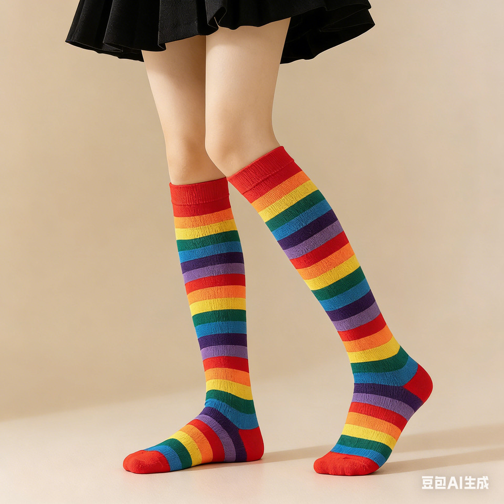 ถุงเท้าเหนือเข่าและถุงมือสายรุ้ง LGBTQ+ Pride Month (มีให้เลือกหลายแบบ) ถุงน่องยาวและถุงมือเปิดนิ้ว ลายสายรุ้งสดใส