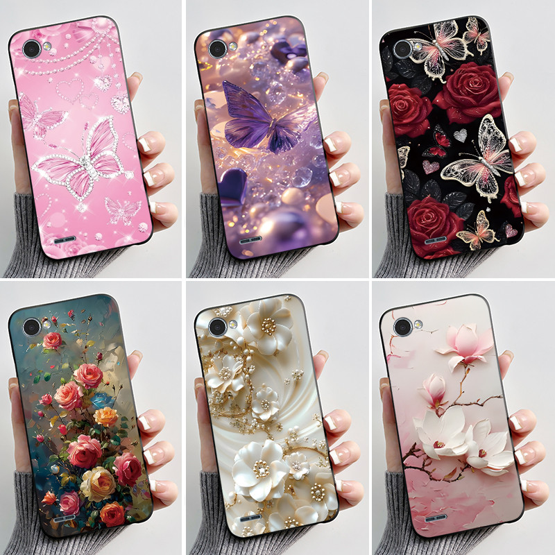 เคสสําหรับ LG Q6 Plus Alpha Q6+ Q6a ปกอ่อนหรูหราแฟชั่นดอกไม้ผีเสื้อทาสีวุ้นสีดําซิลิโคนเคสโทรศัพท์