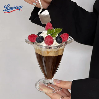 ถ้วยแก้วไอศกรีมทรงดอกไม้ มีฐาน แก้วของหวาน/ซันเดย์/กาแฟ ดีไซน์หรู สไตล์คาเฟ่