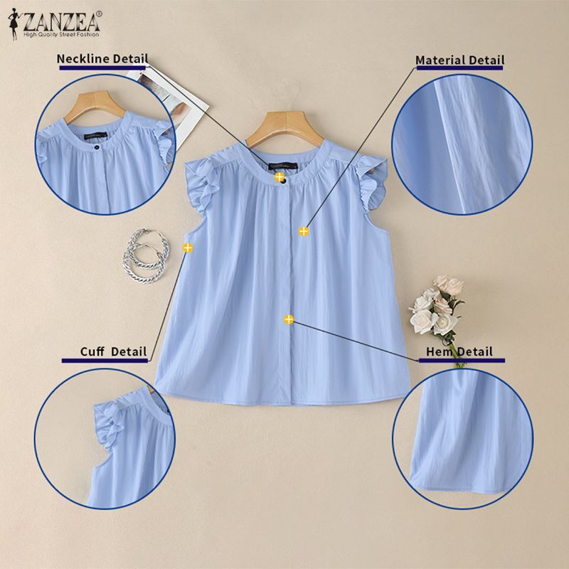 ZANZEA สไตล์เกาหลีเสื้อแขนปูกะพันสำหรับผู้หญิง ดีไซน์ปลอกคอดีเทลด้วย pleats ทรงหลวม สไตล์ A-line เหมาะสำหรับฤดูร้อน — صورة 7
