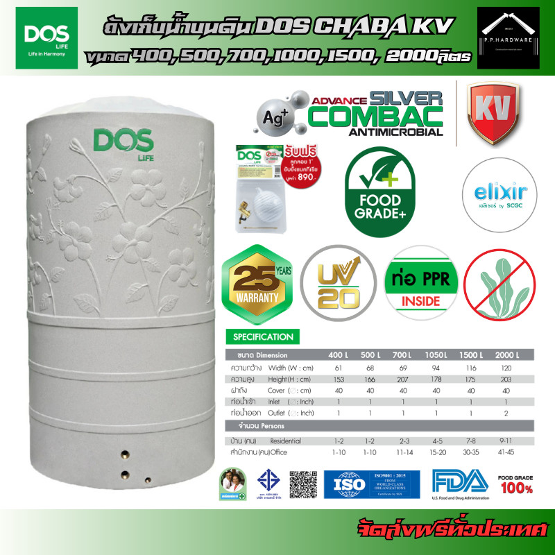 DOS ถังเก็บน้ำบนดิน DOS CHABA KV (มี 6 ขนาด) ขนาด 400, 500, 700, 1050, 1500, 2000ลิตร แถมฟรี! ลูกลอย