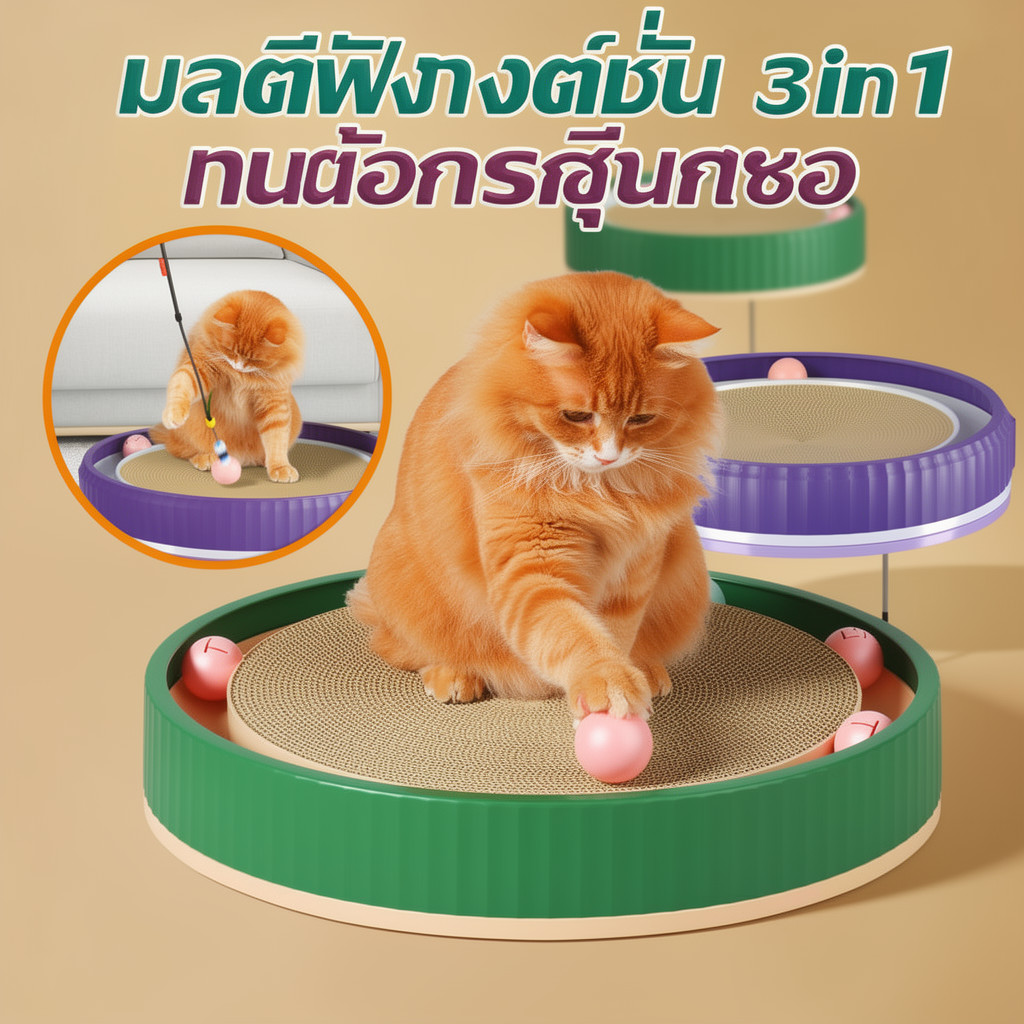 ของเล่นแมว 3in1 กระดานลับเล็บแมว แผ่นเสียงแมว ไม้ล่อแมว ลูกบอลหมุน ฝึกไอคิว คลายเครียด