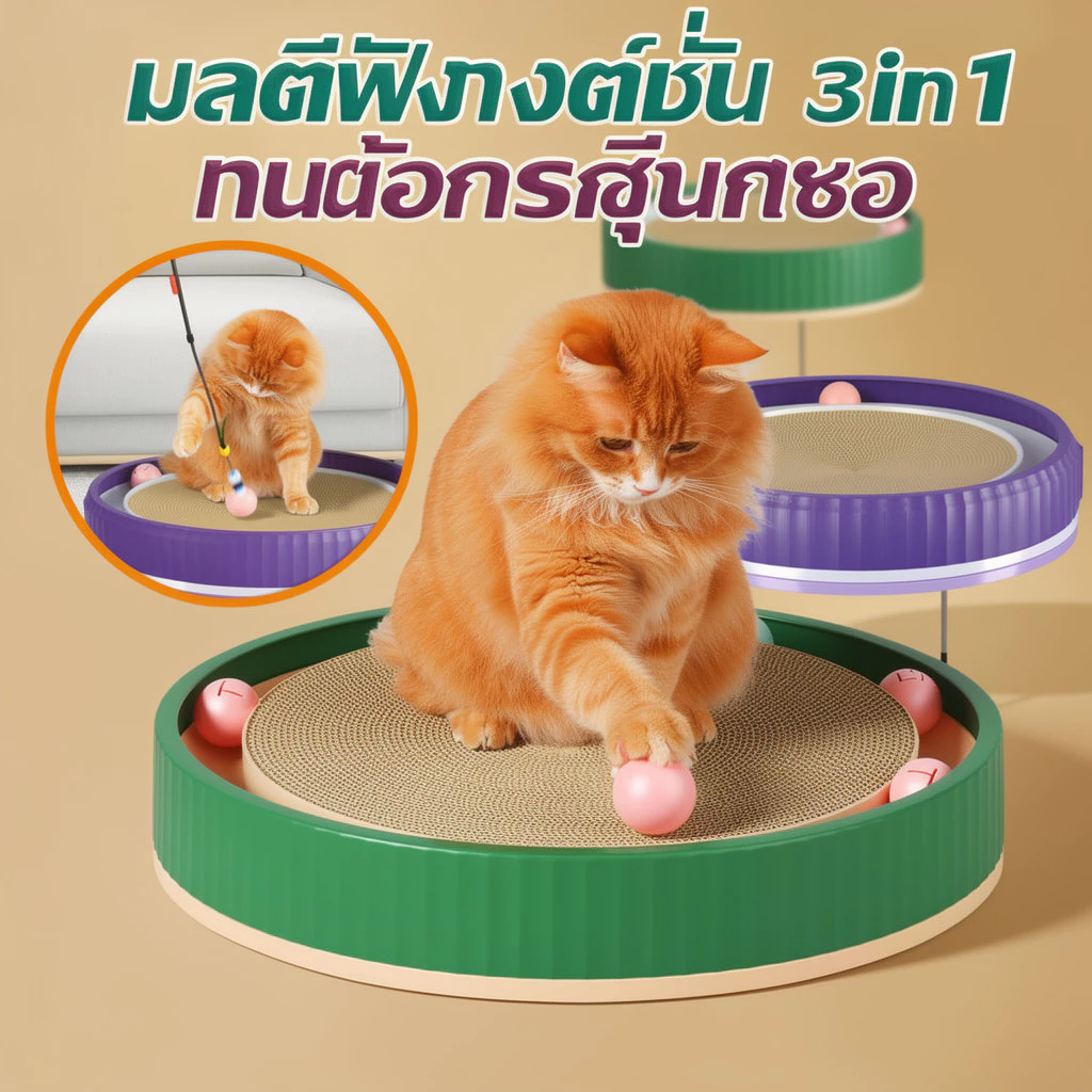 ของเล่นแมว 3in1 กระดานลับเล็บแมว แผ่นเสียงแมว ไม้ล่อแมว ลูกบอลหมุน ฝึกไอคิว คลายเครียด