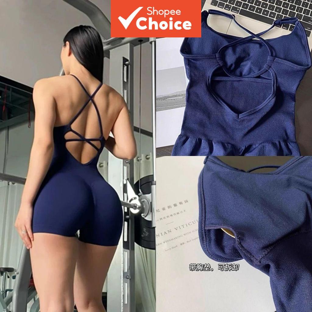 Bliss Verve ชุดบอดี้สูทโยคะแบบ Cross-Strap เปลือย, จั๊มสูทออกกําลังกายแขนกุดโพลีเอสเตอร์/สแปนเด็กซ์ของผู้หญิง, ชุดกีฬา, ชุดกีฬายืดยิม