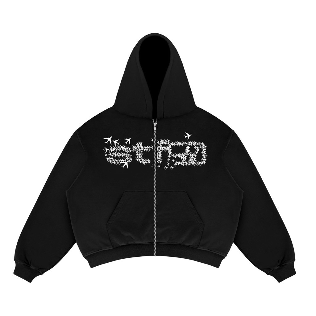 Hoodie Zipper Boxy Aviones สีดํา Hoodie Zipper