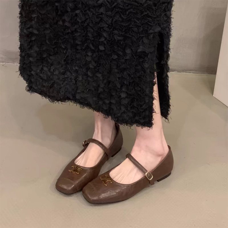 รองเท้าแมรี่เจน mary jane shoes One-word Strap Retro Metal Buckle Round Toe Mary Jane Shoes