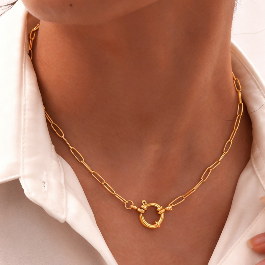 สร้อยคอผู้หญิง ไหปลาร้า คลิป เรขาคณิต สแตนเลส ชุบทอง18k 18K Gold Paperclip Choker Necklace Women's