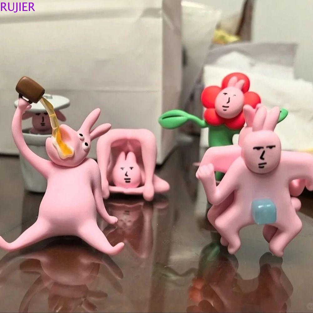 RUJIER My Friend Rabbit Action Figure, Collection การ์ตูนตุ๊กตากระต่ายสีชมพู, รูปปั้นน่ารักตลกน่ารัก