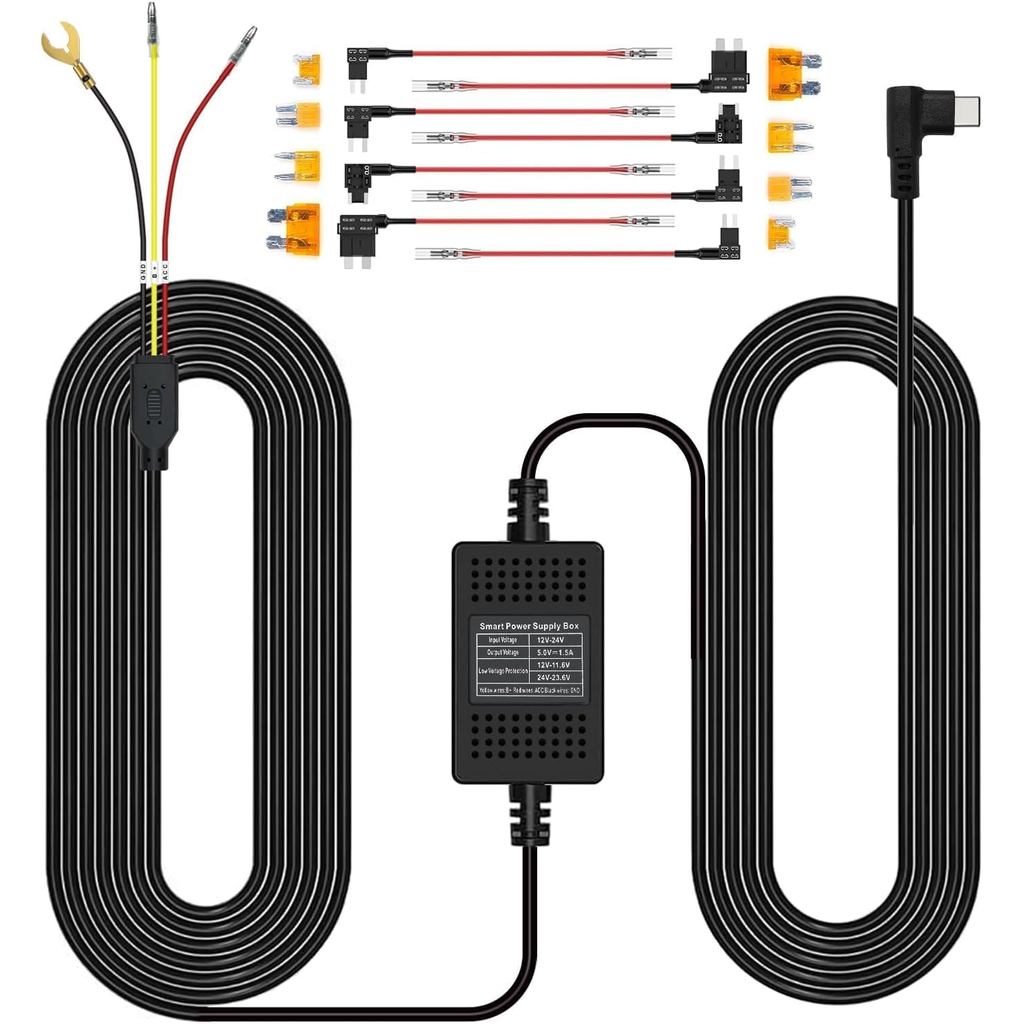 ชุด Hardwire สําหรับ K600 Dash Cam ด้านหน้าและด้านหลัง 4k+1080P,12ft Type C,Input12V/24V,Output 5V/2