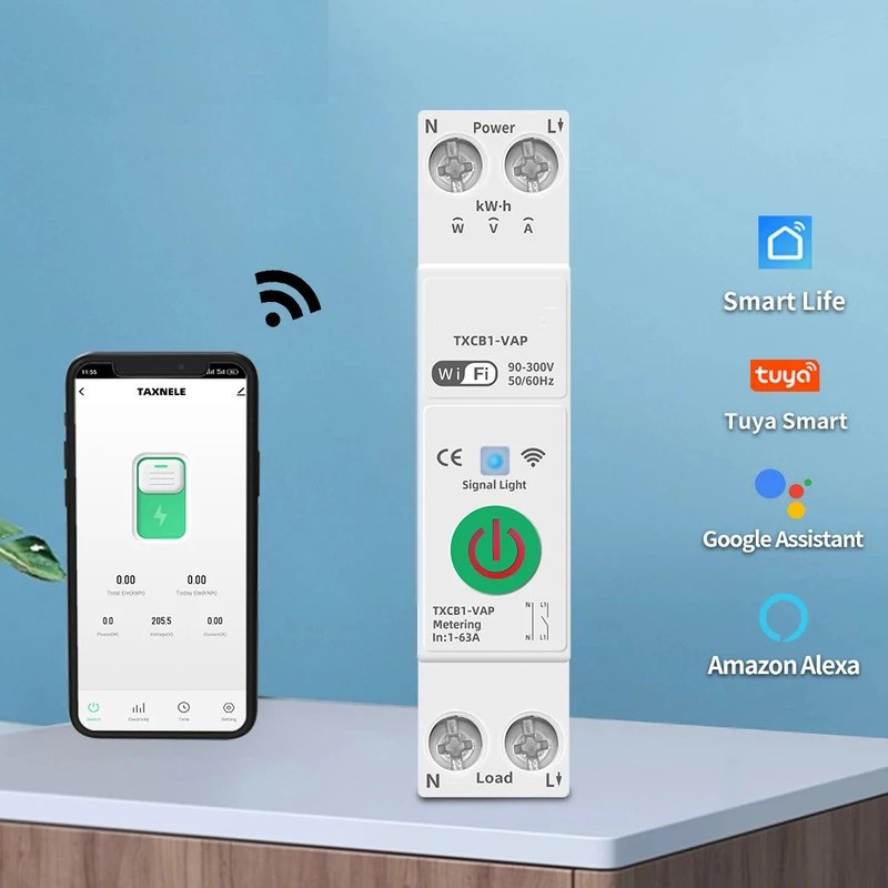 WiFi สมาร์ท Circuit Breaker MCB 1P + N 63A พลังงาน kWh แรงดันไฟฟ้า Current Meter Protector เสียงรีโมทคอนโทรลสวิทช์ - รูปที่ 5